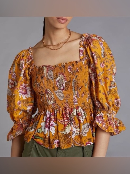 Anthropologie Tops - Anthropologie Conditions Apply Marigold Yellow Smocked Puff Sleeve Blouse Medium